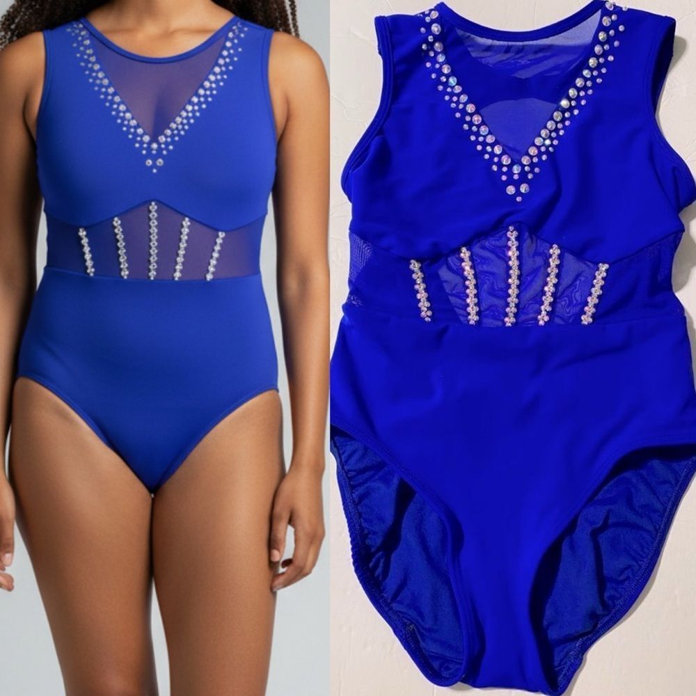 Five 5 Dance costume solo royal blue illusion leotard custom rhinestone XSA adul